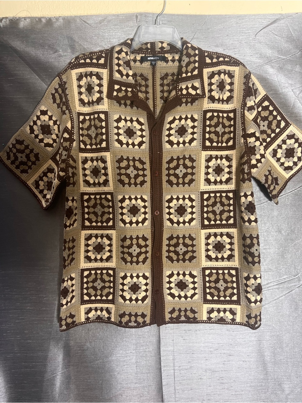 Nova Men Nolan Tectured Crochet Button-Up Shirt Brown